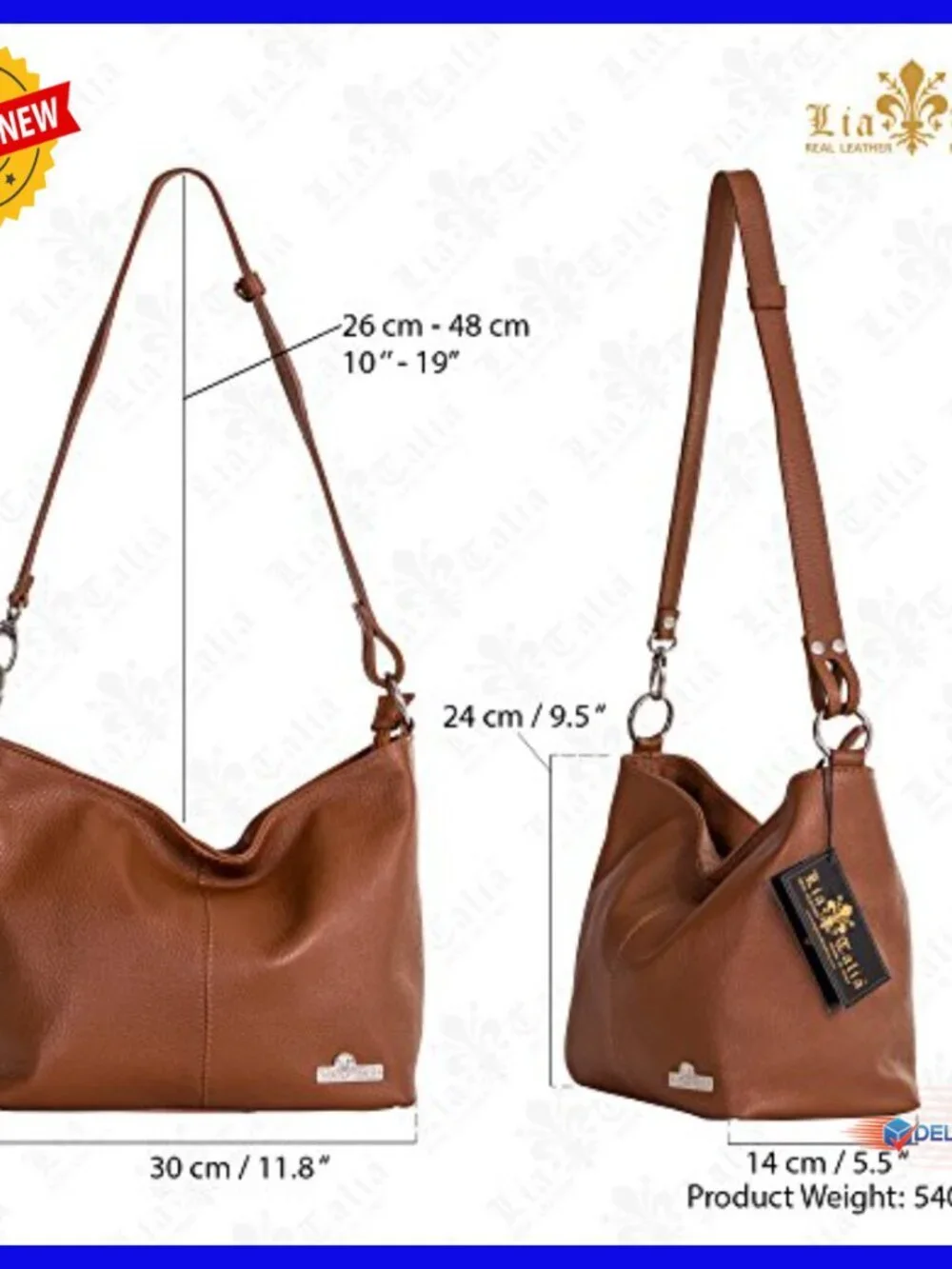 Genuine Leather Hobo Shoulder Bag with Adjustable Strap, Medium Size